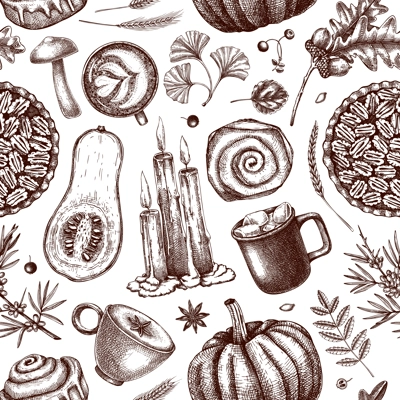 Autumn seamless pattern. Hand-drawn vector illustration. Pumpkin, hot drink, fruit, pie, pastry, fall leaves sketches. Vintage Thanksgiving background